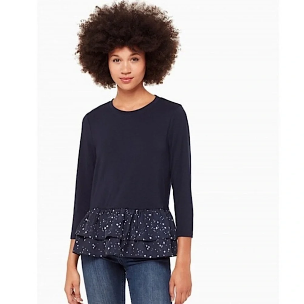 NWT KATE‎ SPADE Top Star Print Tiered Ruffle Peplum 3/4 Sleeve in Navy Size M